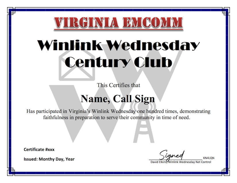 Sample Winlink Wednesday Century Club certificate